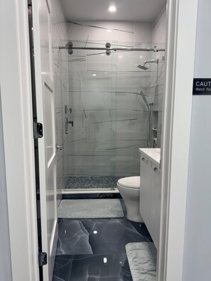 Douche, sèche-cheveux, serviettes fournies, savon