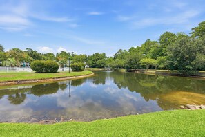 A calm river with a grassy bank, trees, and a white fence. - TB 71A First Floor True Blue Condo (Pawleys Island)