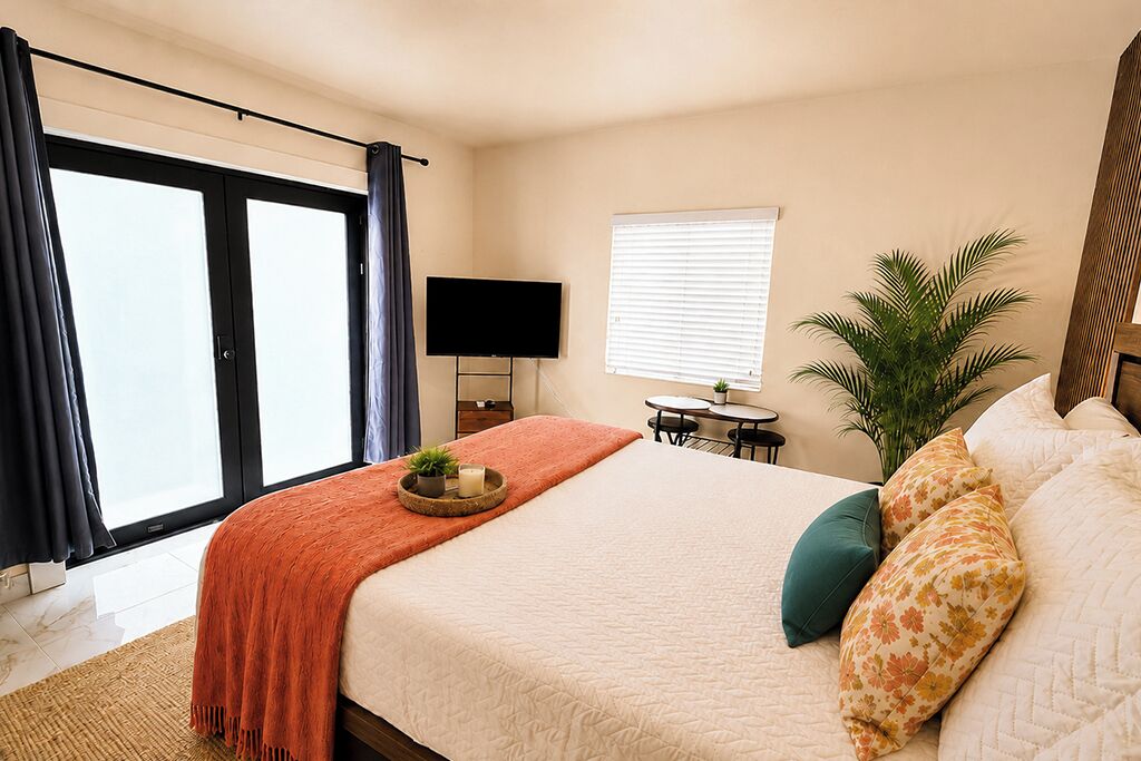 A hotel room with a bed, a television, a small table, a potted plant, and a window with blinds.