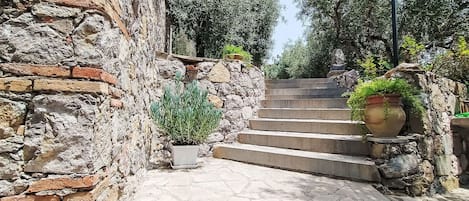 Una escalera de piedra que conduce a un edificio con fachada de ladrillo.