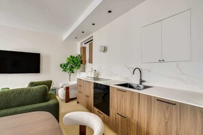 A modern kitchen with a built-in stove, sink, and cabinets. - Gorgeous Air-conditioned 2-BR/2Ba  - Saint-Germain (Paris)