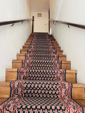 Eine Treppe mit einem gemusterten Teppich und Holzstufen.