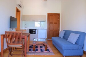 Un espacio habitable compacto con comedor, sofá, televisión y kitchenette.