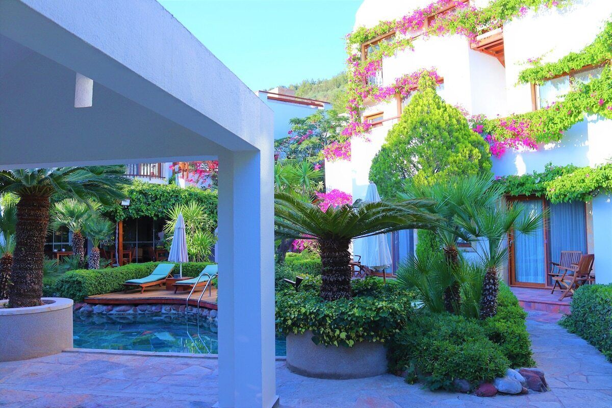 A pool area with lounge chairs, a palm tree, and a building with greenery.
