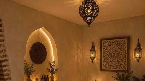 Un cuarto de spa con una camilla de masaje, estantes empotrados con velas y botellas, un adorno de pared con motivos y un farol tradicional.