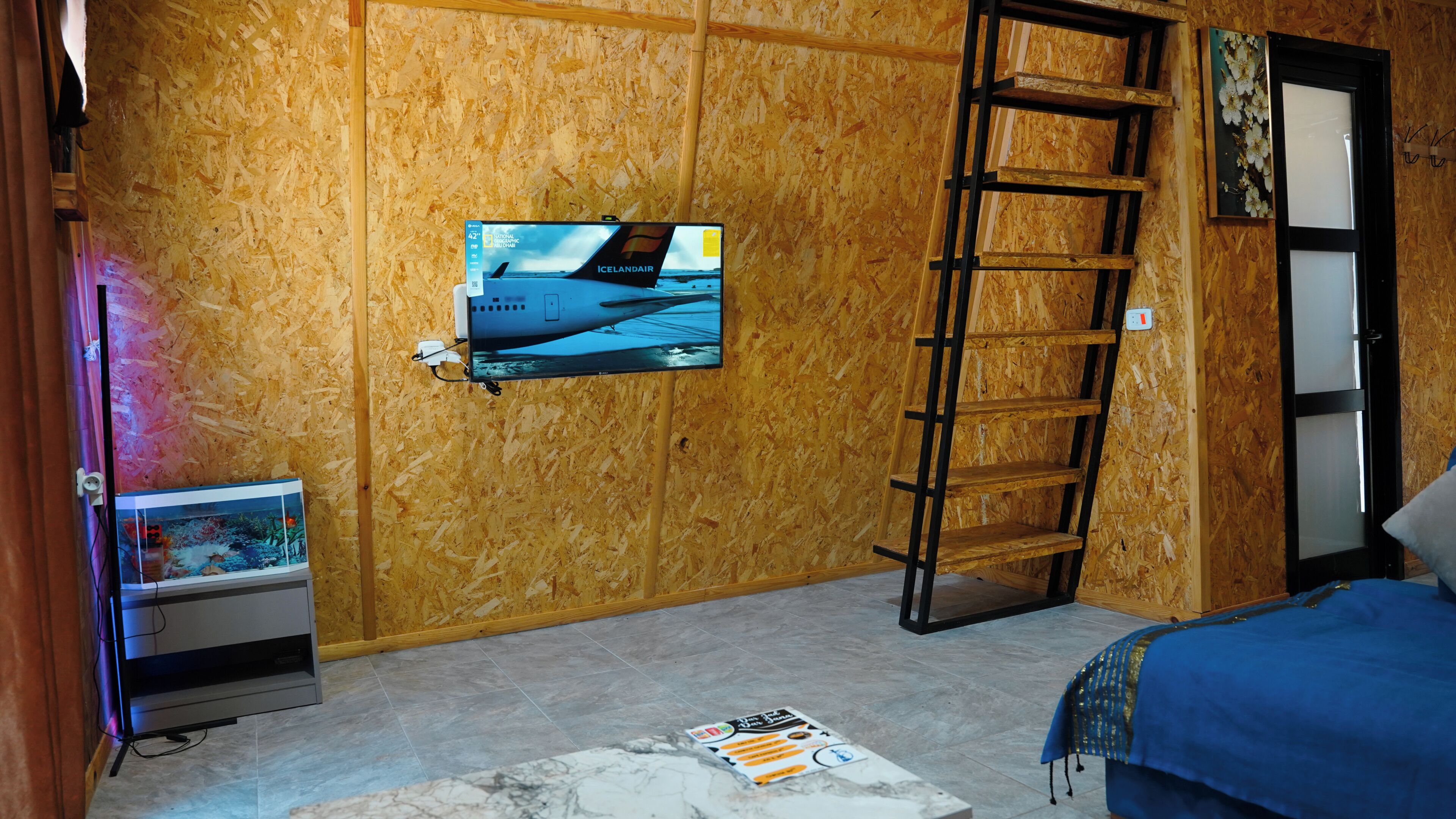Een kamer met een aan een houten muur bevestigde televisie, een ladder, een bed en een klein aquarium.
