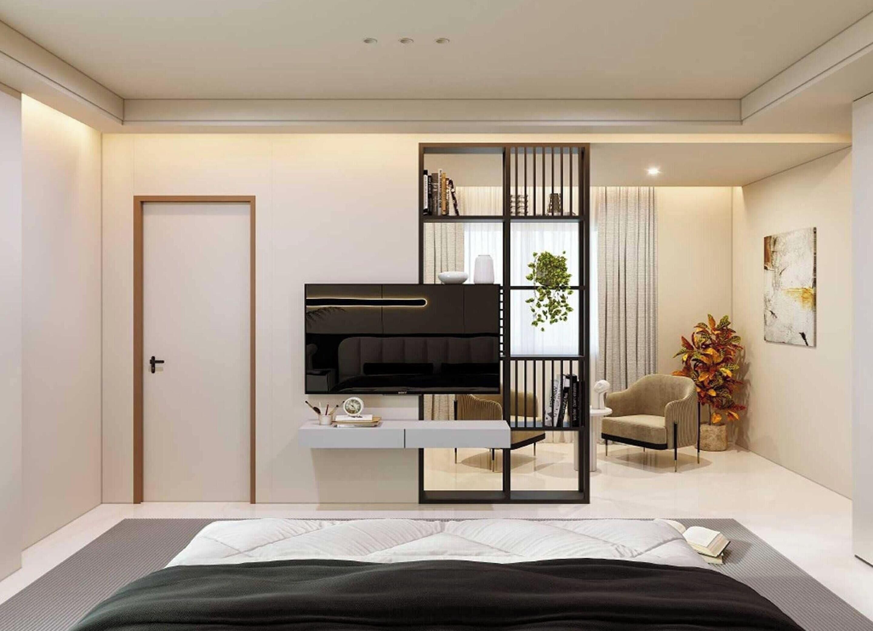 A modern bedroom with a bed, a TV, a bookshelf, and a chair.