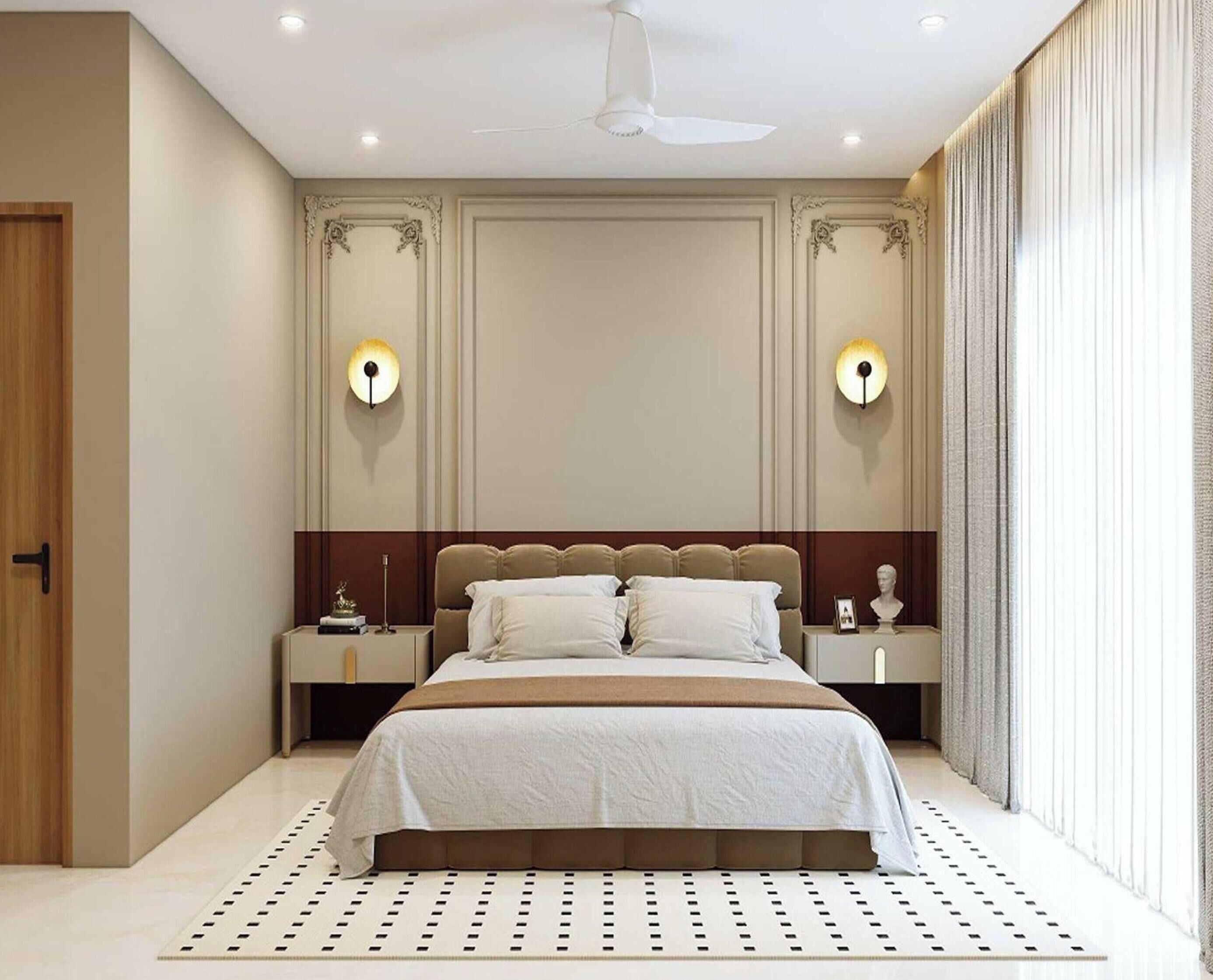 A modern bedroom with a large bed, two bedside tables, a ceiling fan, and decorative wall sconces.