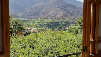 A wooden-framed window with a view of a mountainous landscape and a village below.
