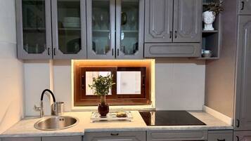 A kitchen with grey cabinets, a stainless steel sink, a built-in stove, and a window with a plant on the counter.