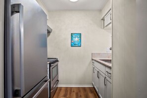 Eine schmale Küche mit Kühlschrank, Backofen und Spüle.