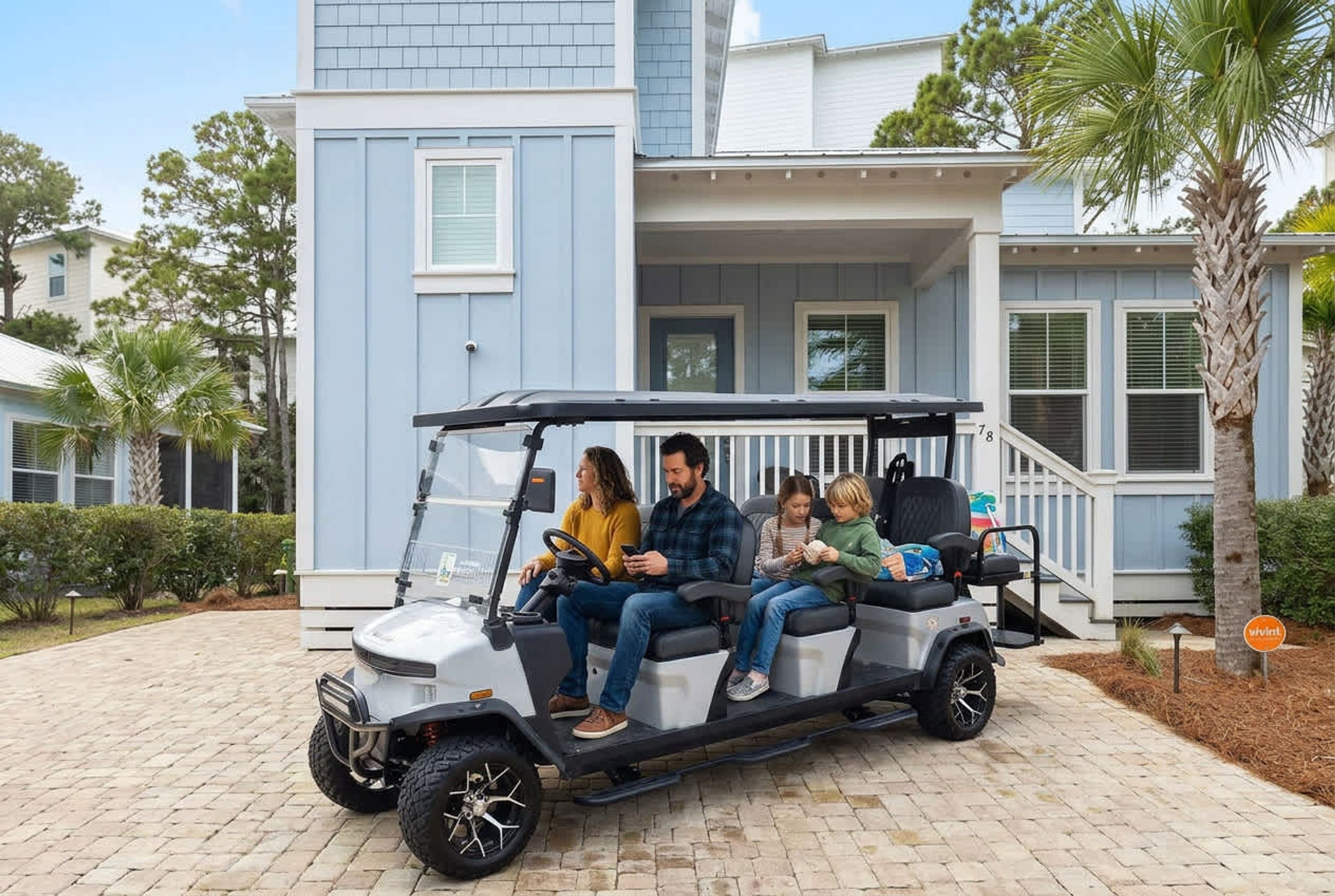 A golf cart with four passengers parked in front of a two-story house with a porch.