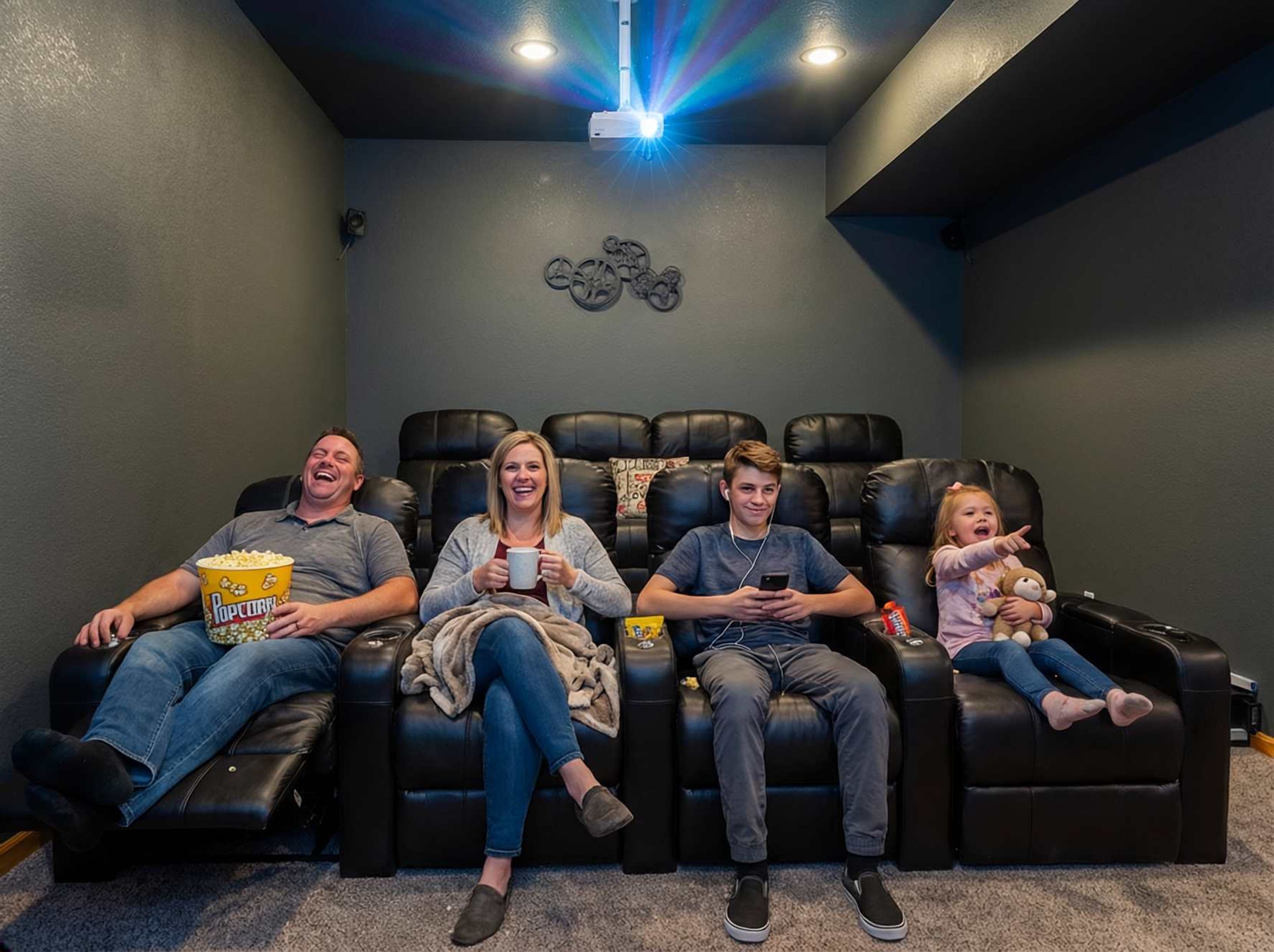 A family in a home theater with leather recliners, popcorn, and a ceiling projector.