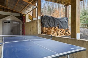 Ein Tischtennis-Tisch in einem überdachten Bereich mit einem Holzstapel und einer Tür im Hintergrund.