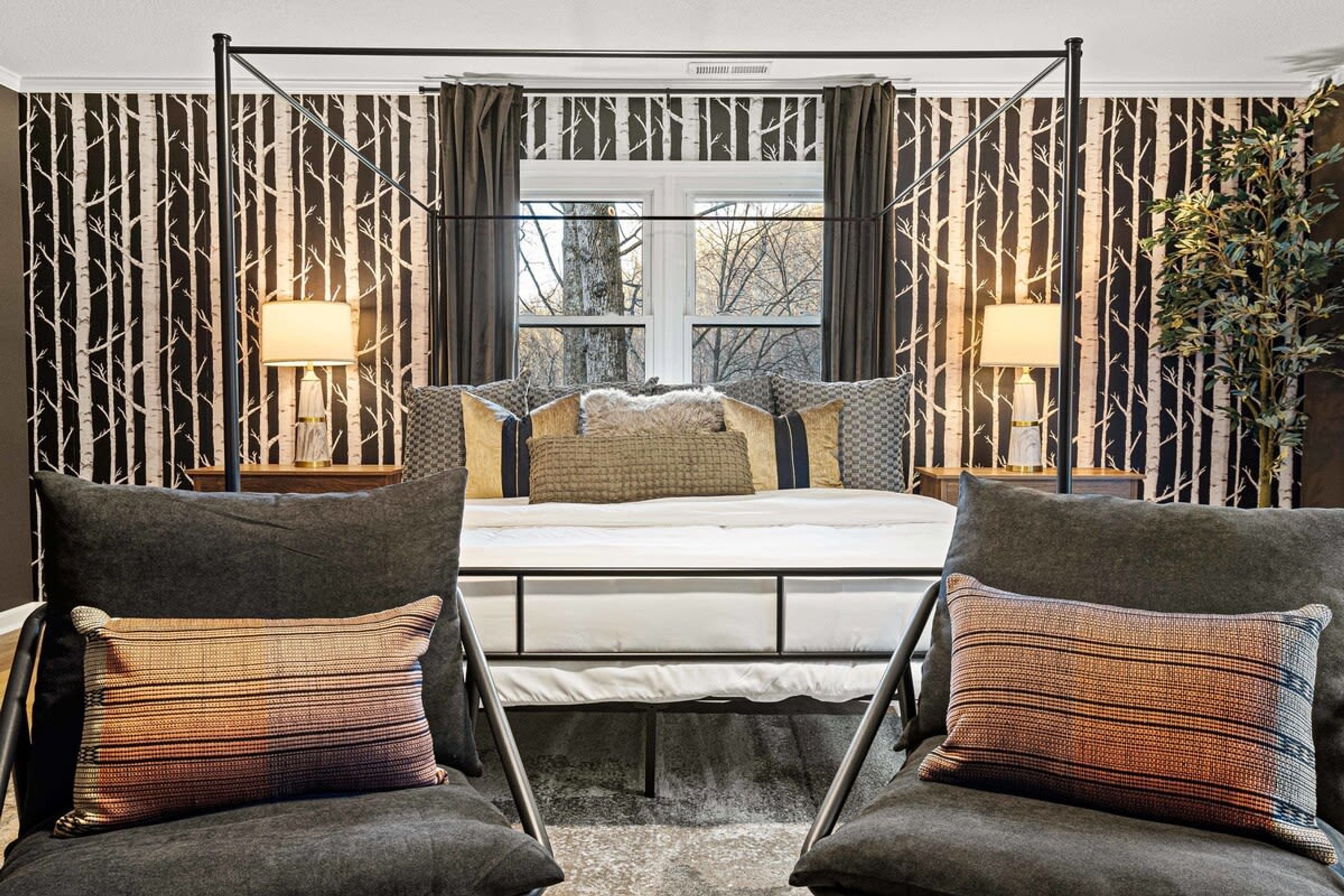 A bedroom with a bed, two armchairs, a window, and a wall with a tree pattern.
