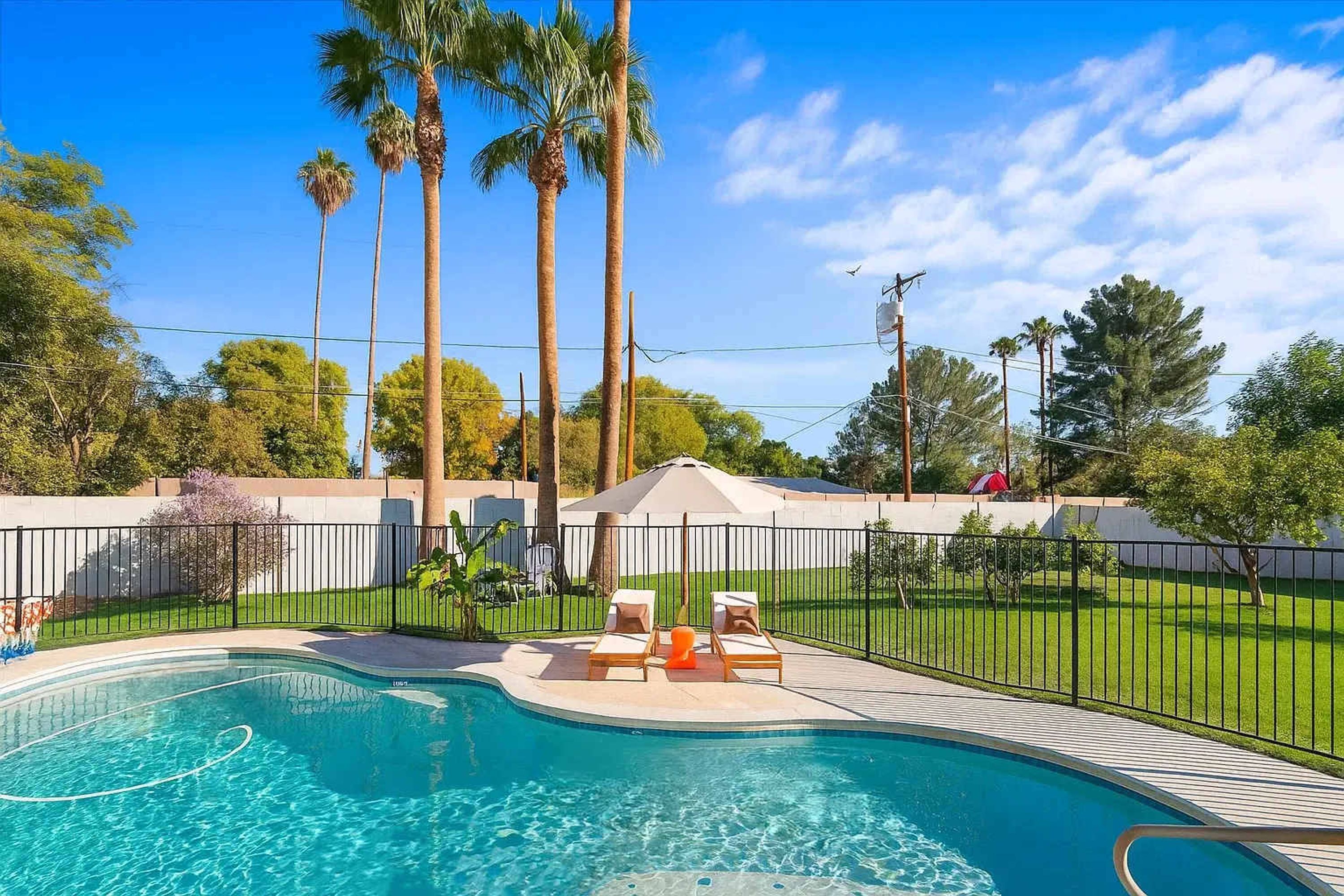 A swimming pool with lounge chairs and a fenced area with palm trees.