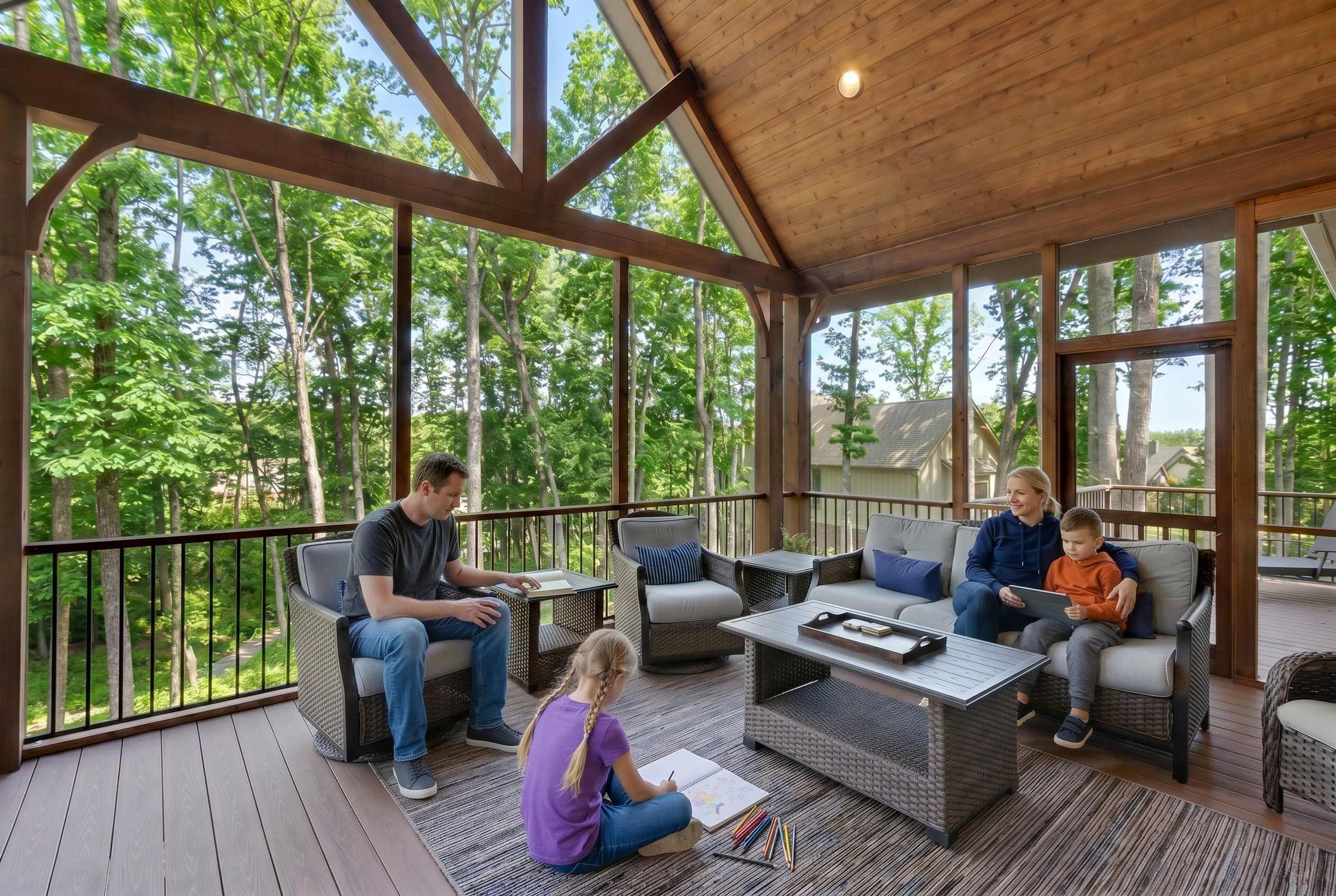 A covered outdoor seating area with wicker furniture and a wooden ceiling.