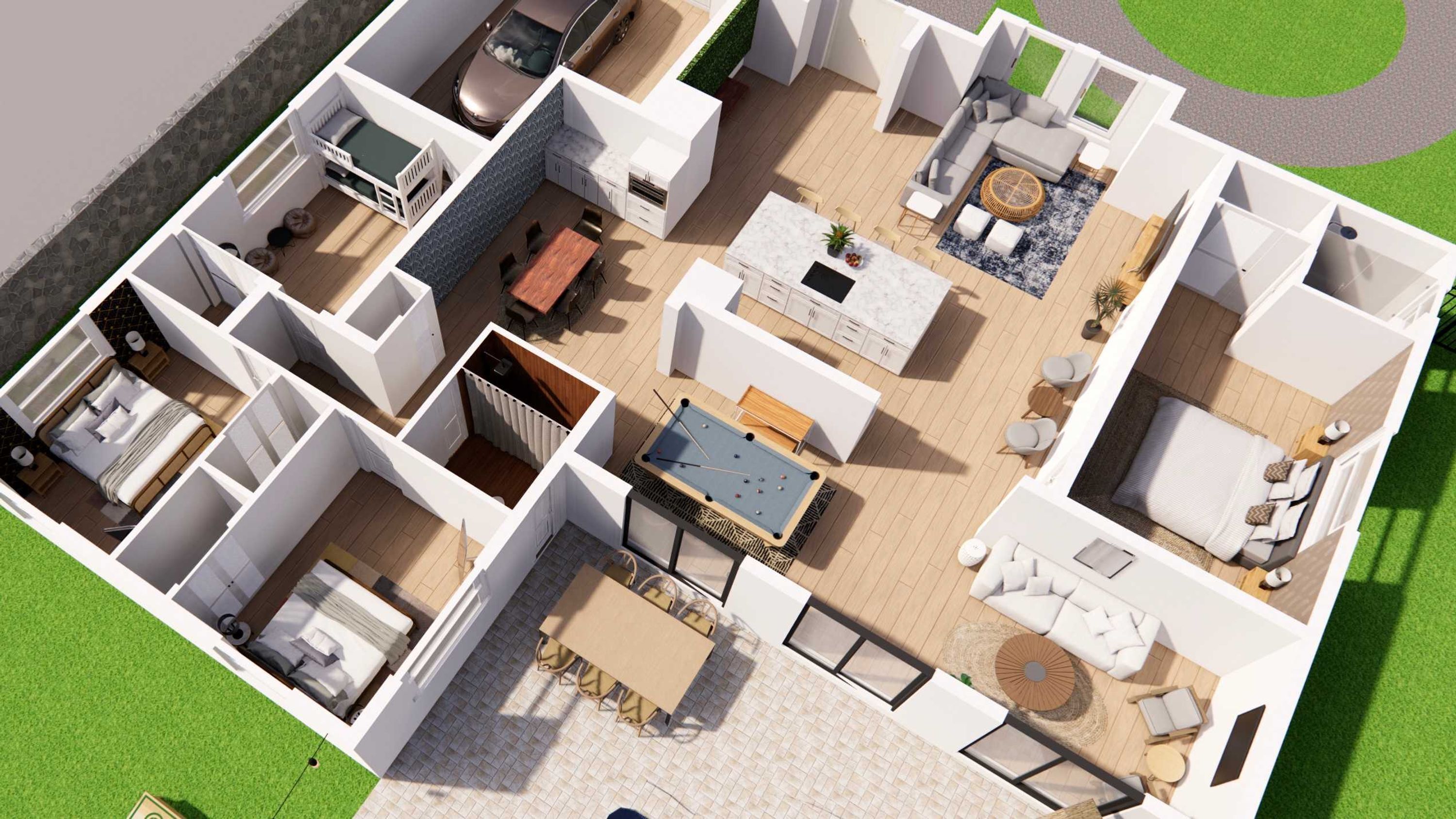 A 3D model of a modern apartment with a pool table, a dining area, a living room with a sofa, and a bedroom.