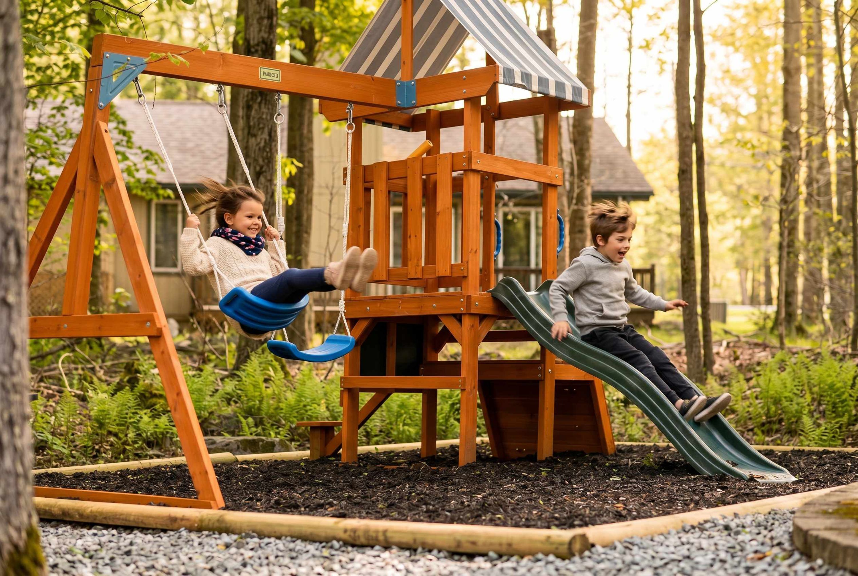 A wooden playground with a swing set and a slide.