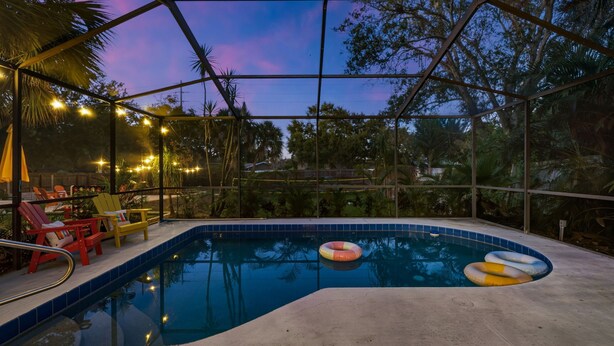 A swimming pool with a glass enclosure, surrounded by palm trees and outdoor furniture. - Outdoor Movie Theatre Pool Putt Putt Hot Tub (Largo)