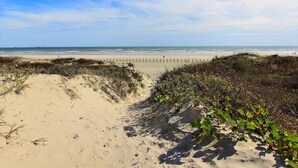 En strand med en sandstig som leder ner till havet, och som omges av vegetation.