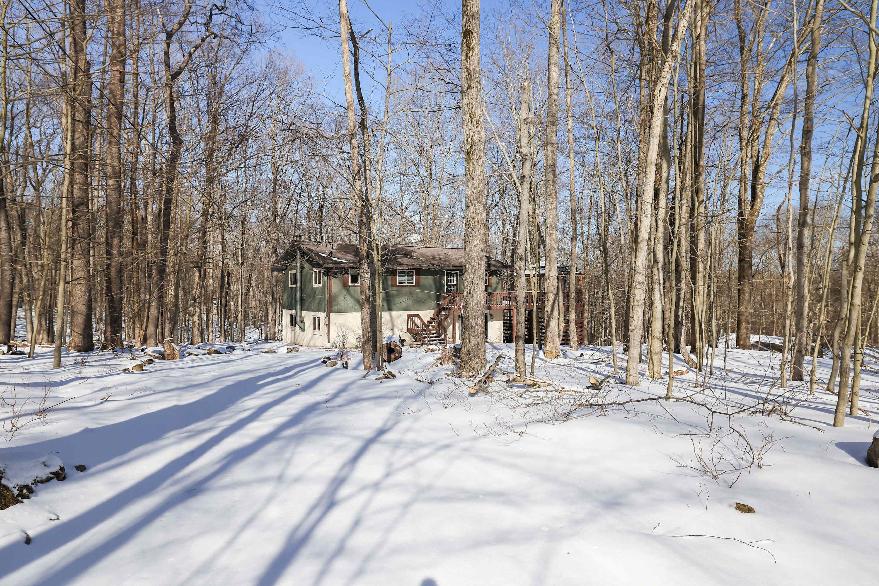 A cabin surrounded by a forest with snow on the ground.