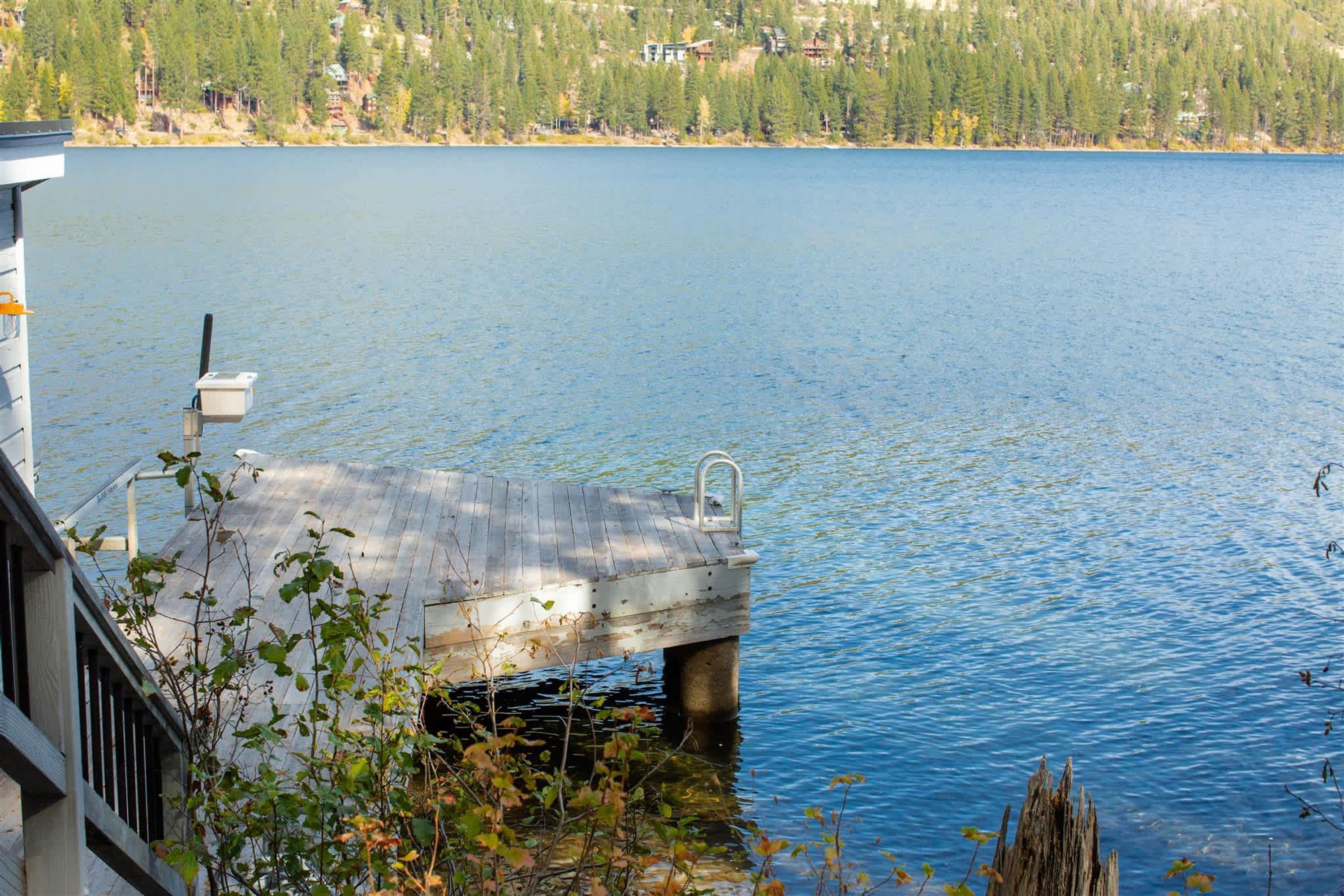 A dock extending into a calm lake with a residential area in the background.