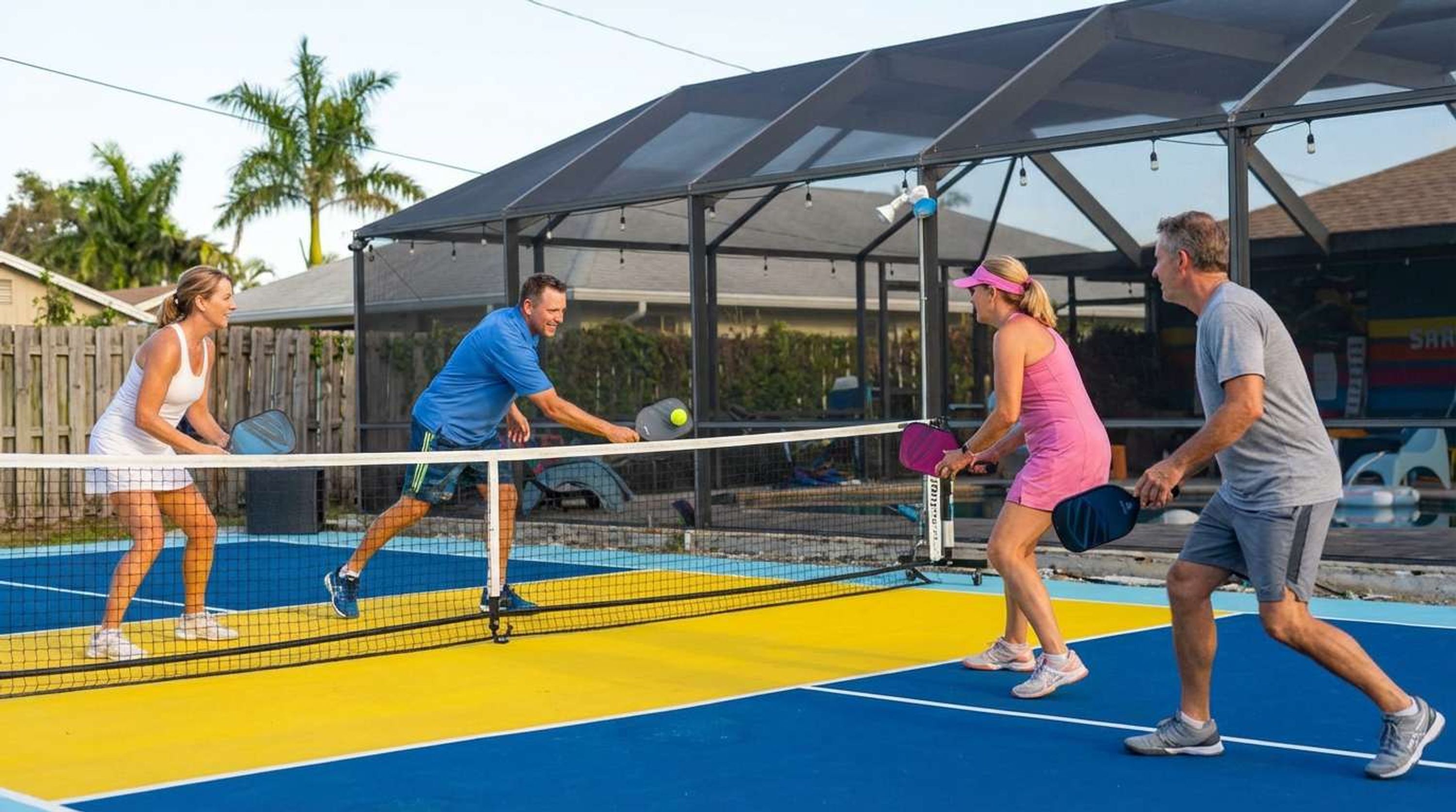 Ein Tennisplatz im Freien mit Netz, umgeben von einer überdachten Zuschauertribüne.