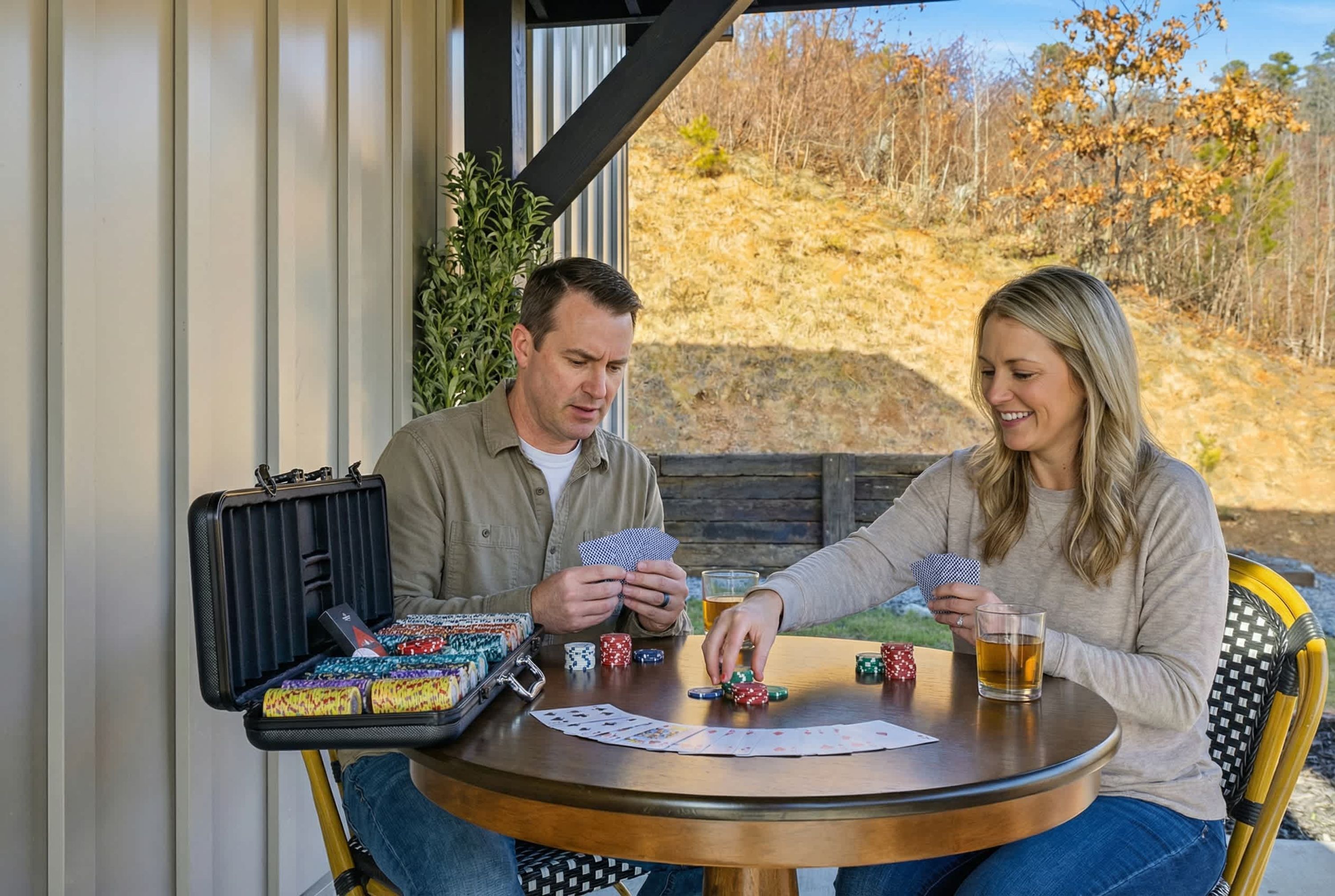 Two people playing cards at an outdoor table with a poker chip container and playing cards on the table.