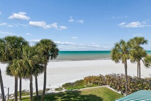 A beach view with palm trees and a clear sky. - Beachfront Bliss - Outdoor Pool - Sleeps 6 (Belleair Beach)