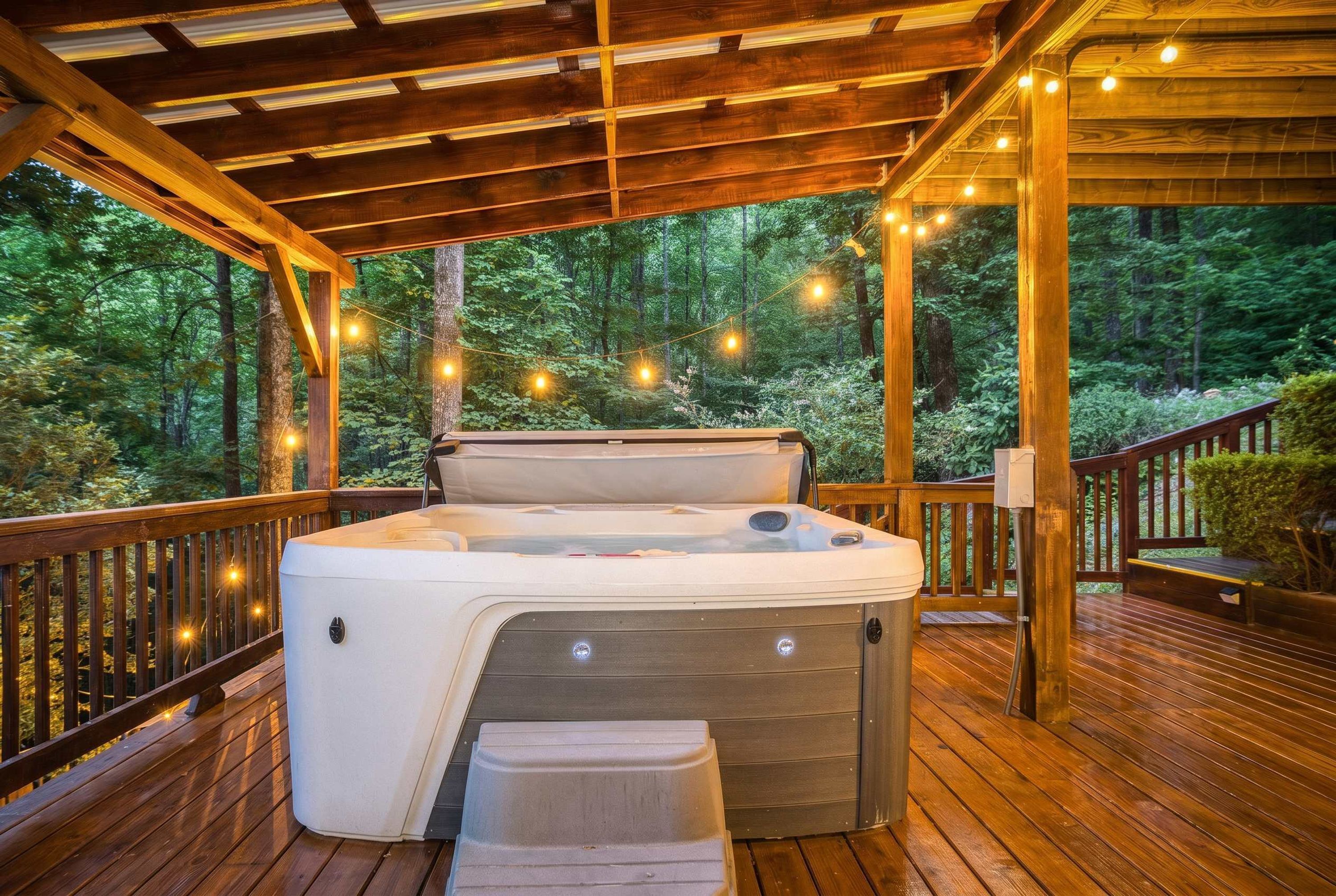 A hot tub on a wooden deck with a forest view.
