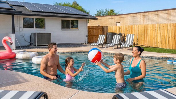 A swimming pool with inflatable flamingos, lounge chairs, and a house with solar panels. - Sleeps 16 Heated Pool Arcade Backyard Resort (Mesa)