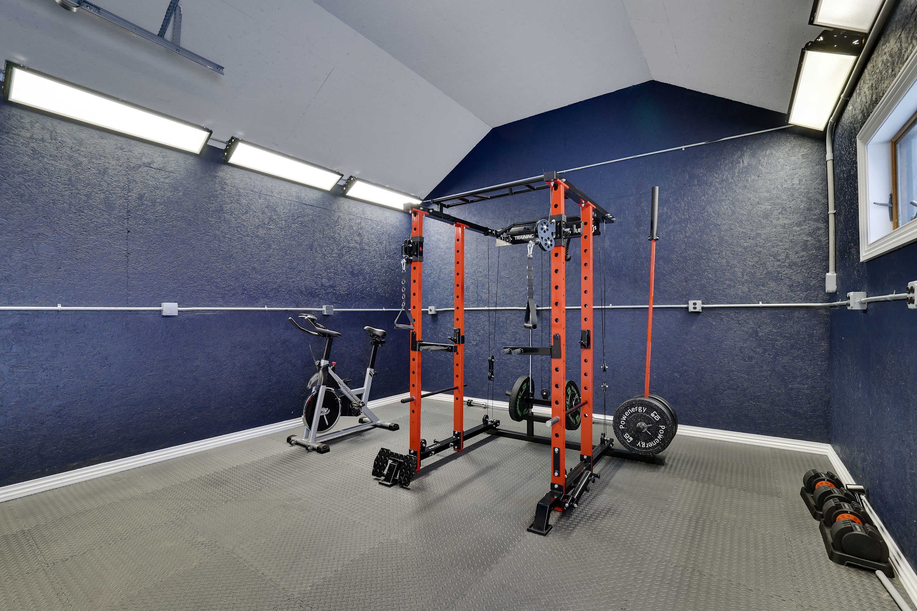 A gym with a squat rack, weight plates, and an exercise bike.