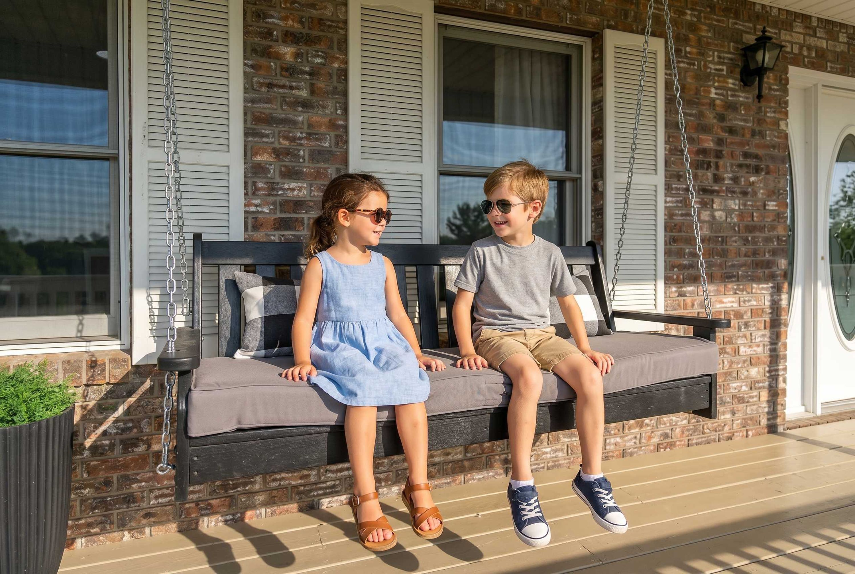 Two children sitting on a wooden swing with a brick wall and windows in the background.