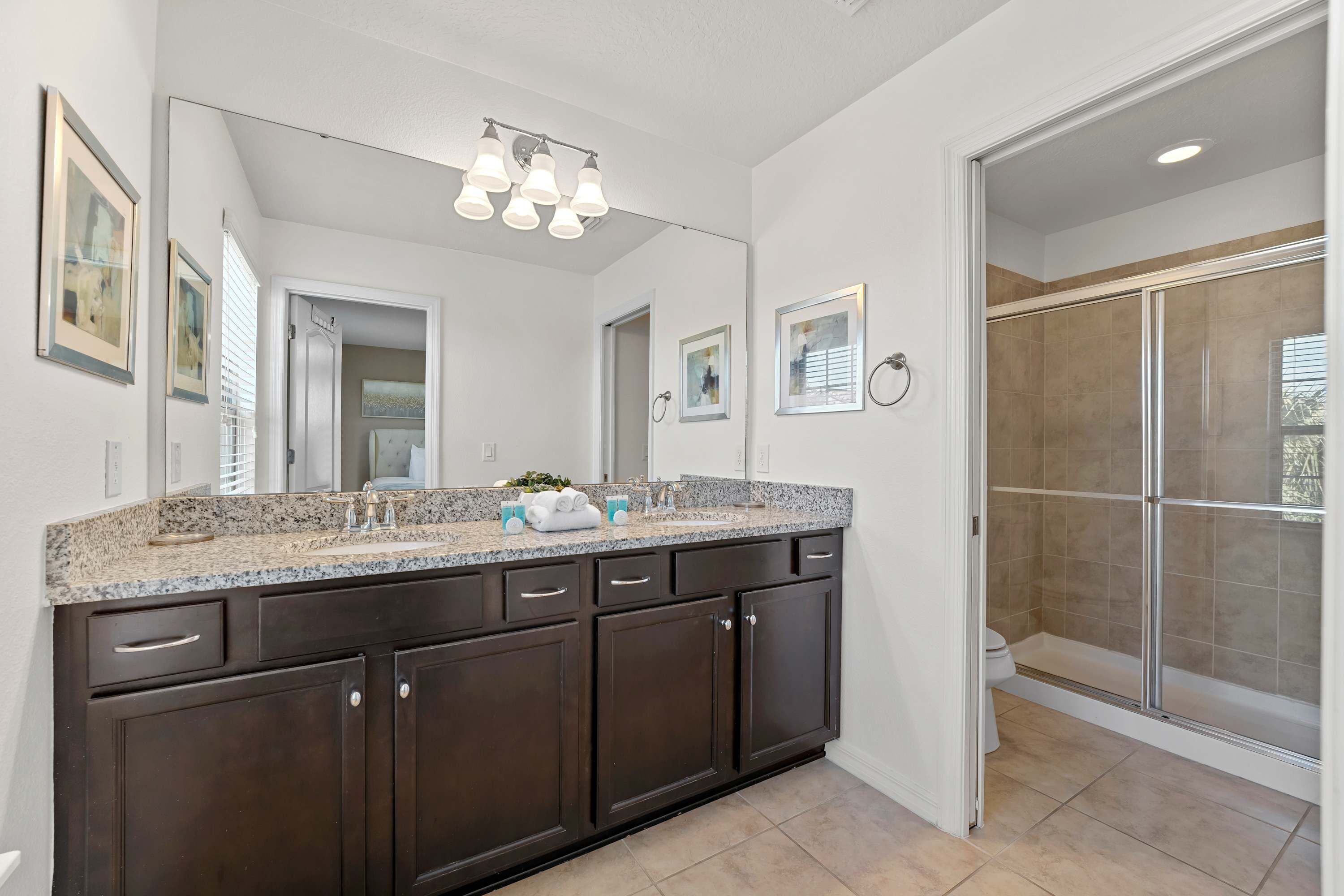 A bathroom with a large vanity, dark cabinets, a shower with glass doors, and a ceiling light fixture.