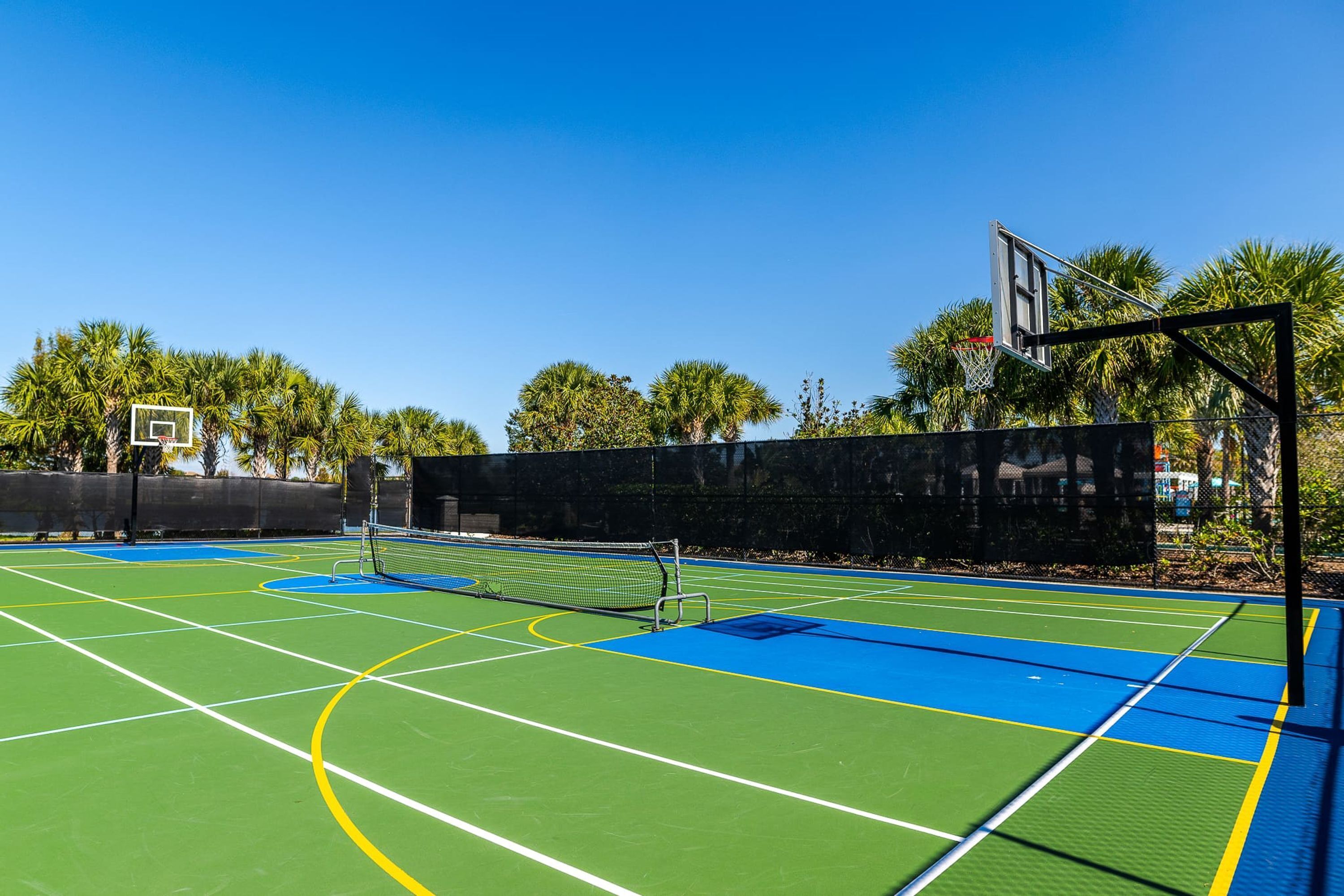 Una cancha de baloncesto al aire libre con aro, rodeada de palmeras y un cielo despejado.