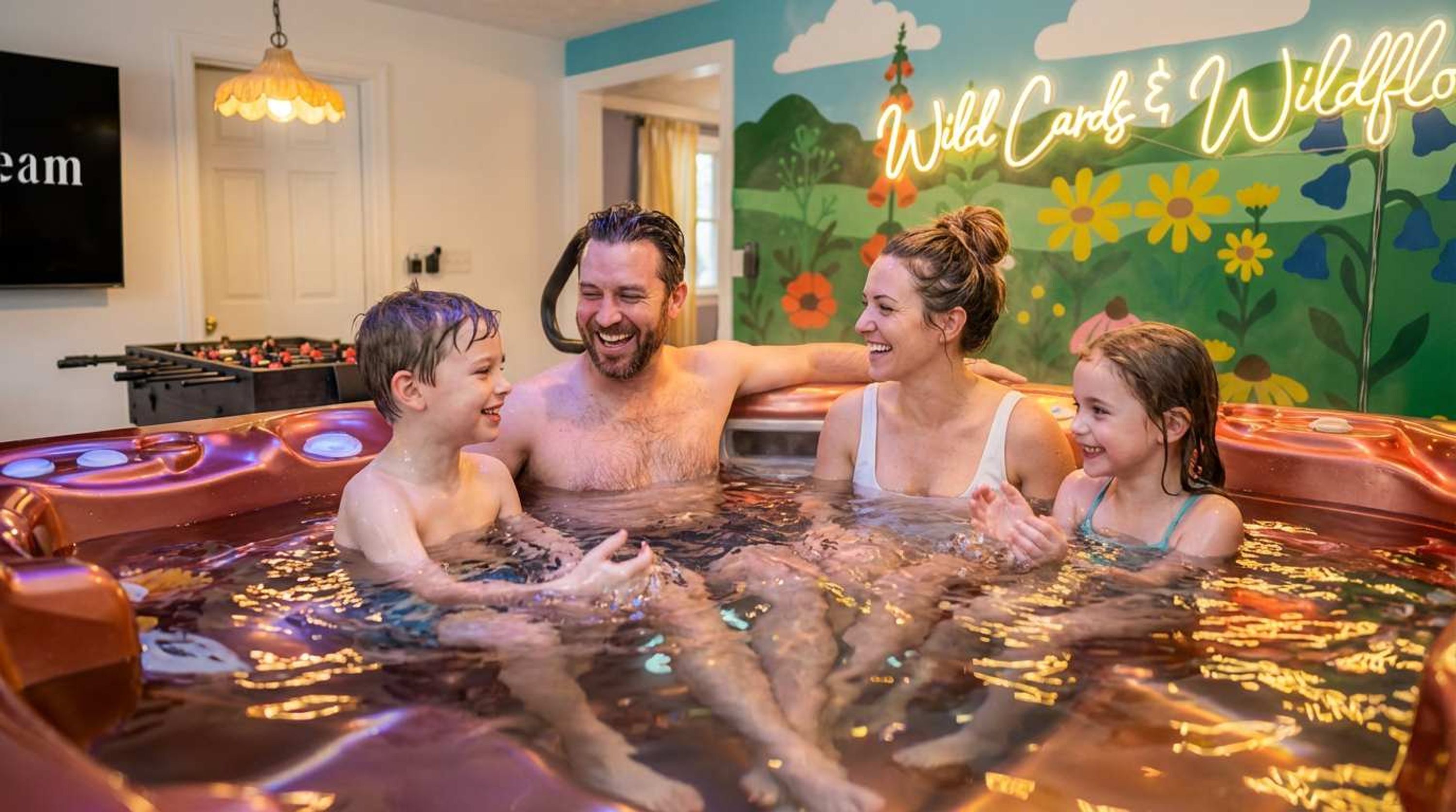 A family enjoying a hot tub with a mural of wildflowers and a neon sign in the background.