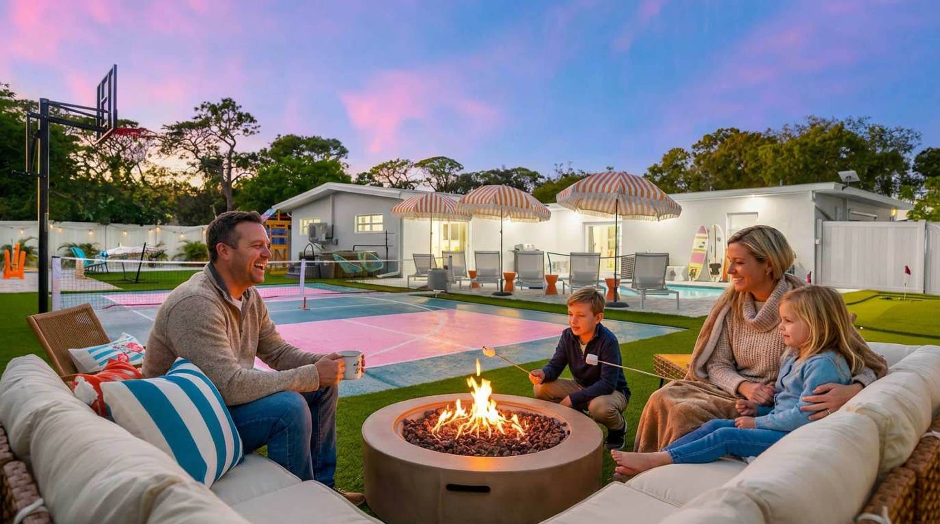 A family gathered around a fire pit in a backyard with a pool and outdoor furniture.