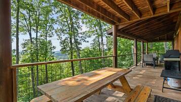 Une terrasse extérieure en bois, dotée d’une table de pique-nique et d’un barbecue, entourée d’arbres et offrant une vue sur le paysage.