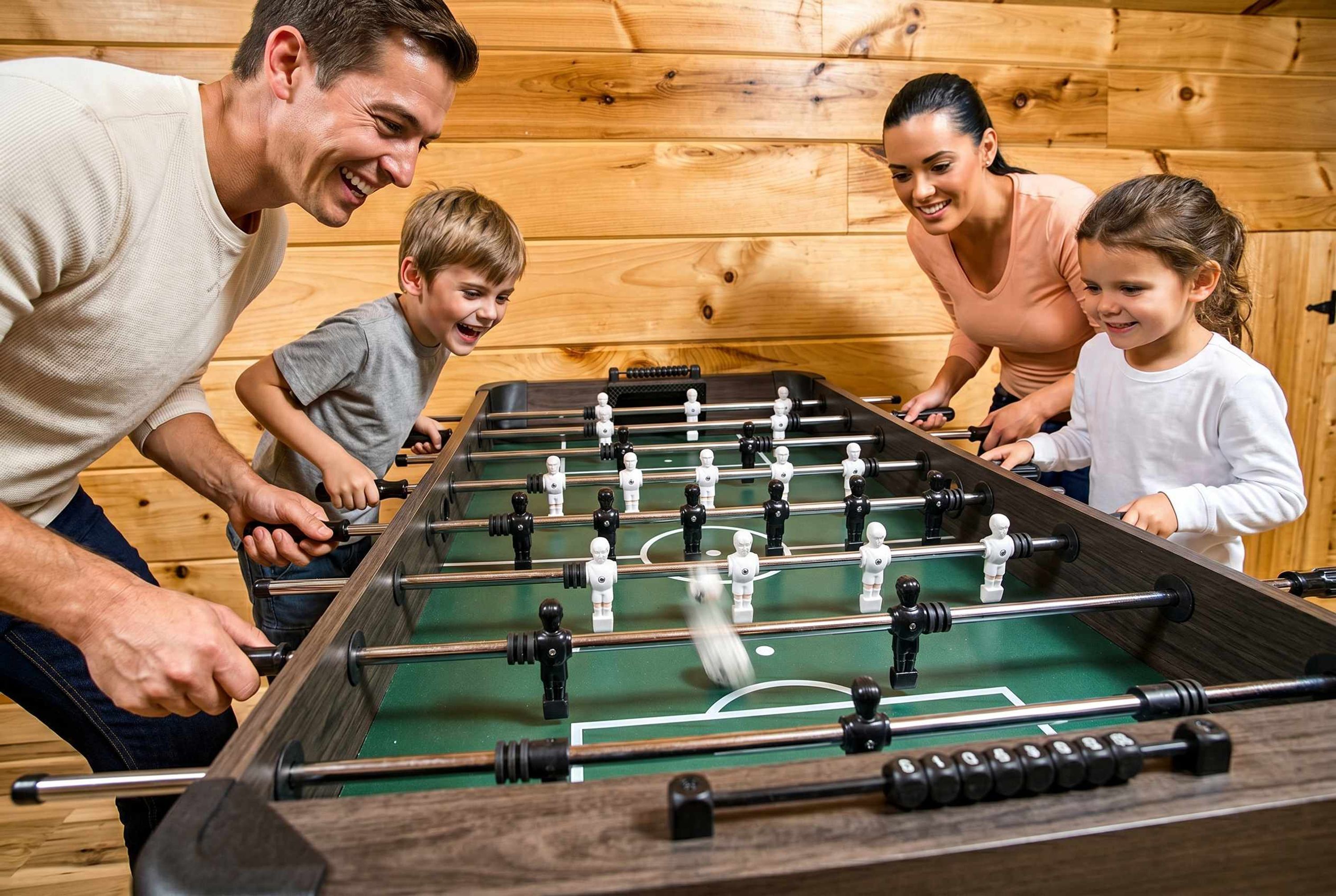 A group of people playing foosball in a room with wooden walls.