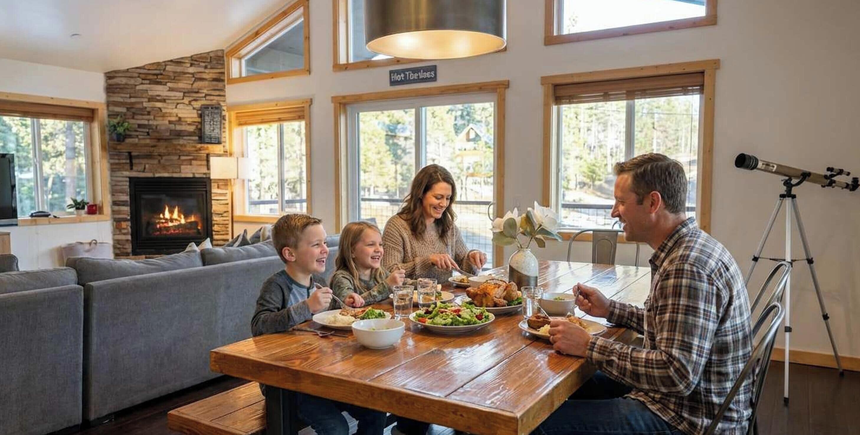 A family dining in a room with a fireplace, large windows, and a telescope.