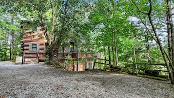 A rustic log cabin with a gravel driveway, surrounded by dense forest.