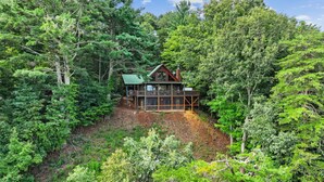 Eine Hütte, umgeben von dichtem Wald, mit einer Holzterrasse und einem Schornstein.