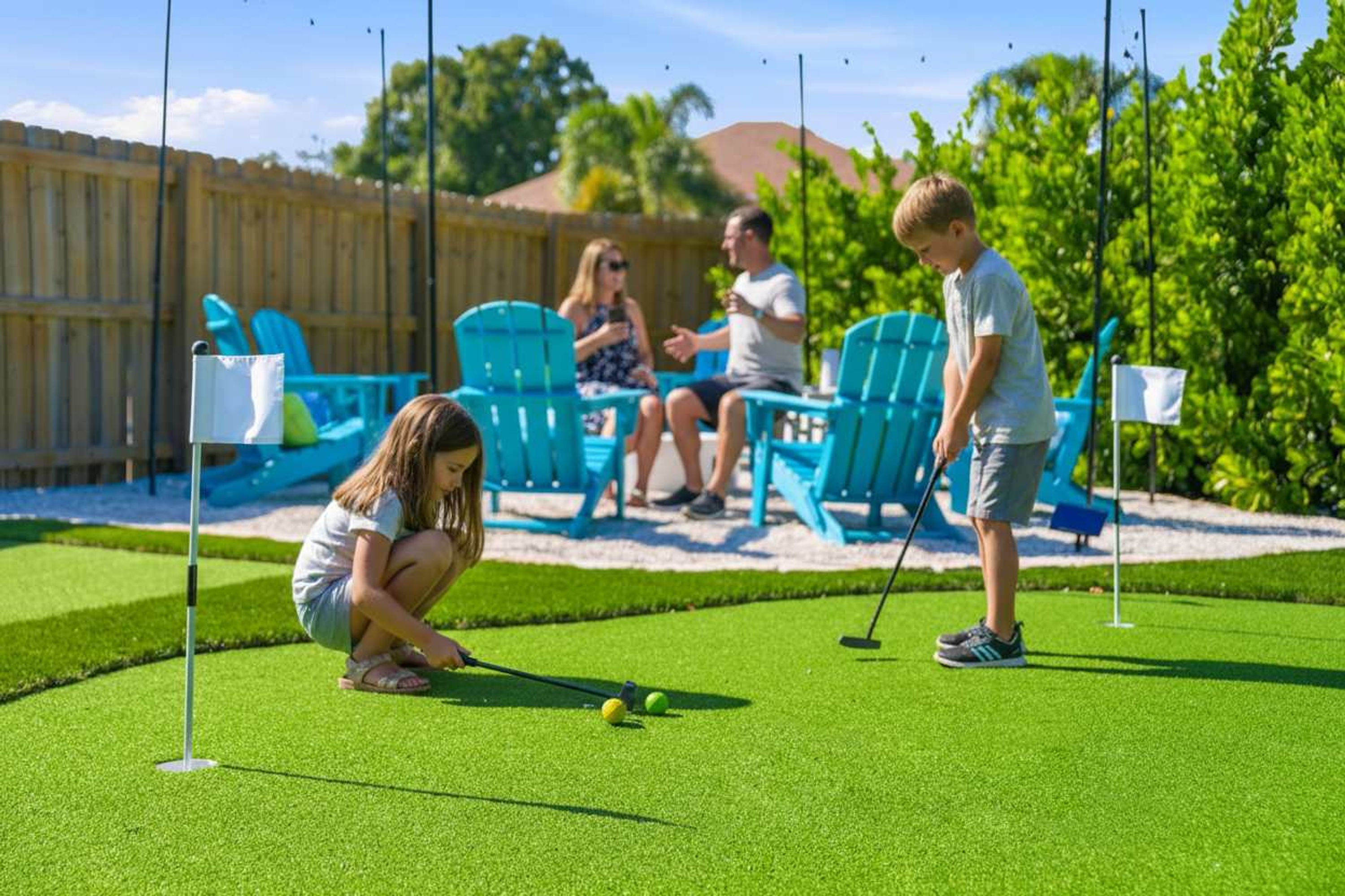A miniature golf course with artificial turf, a putting green, and a hole with a flag.