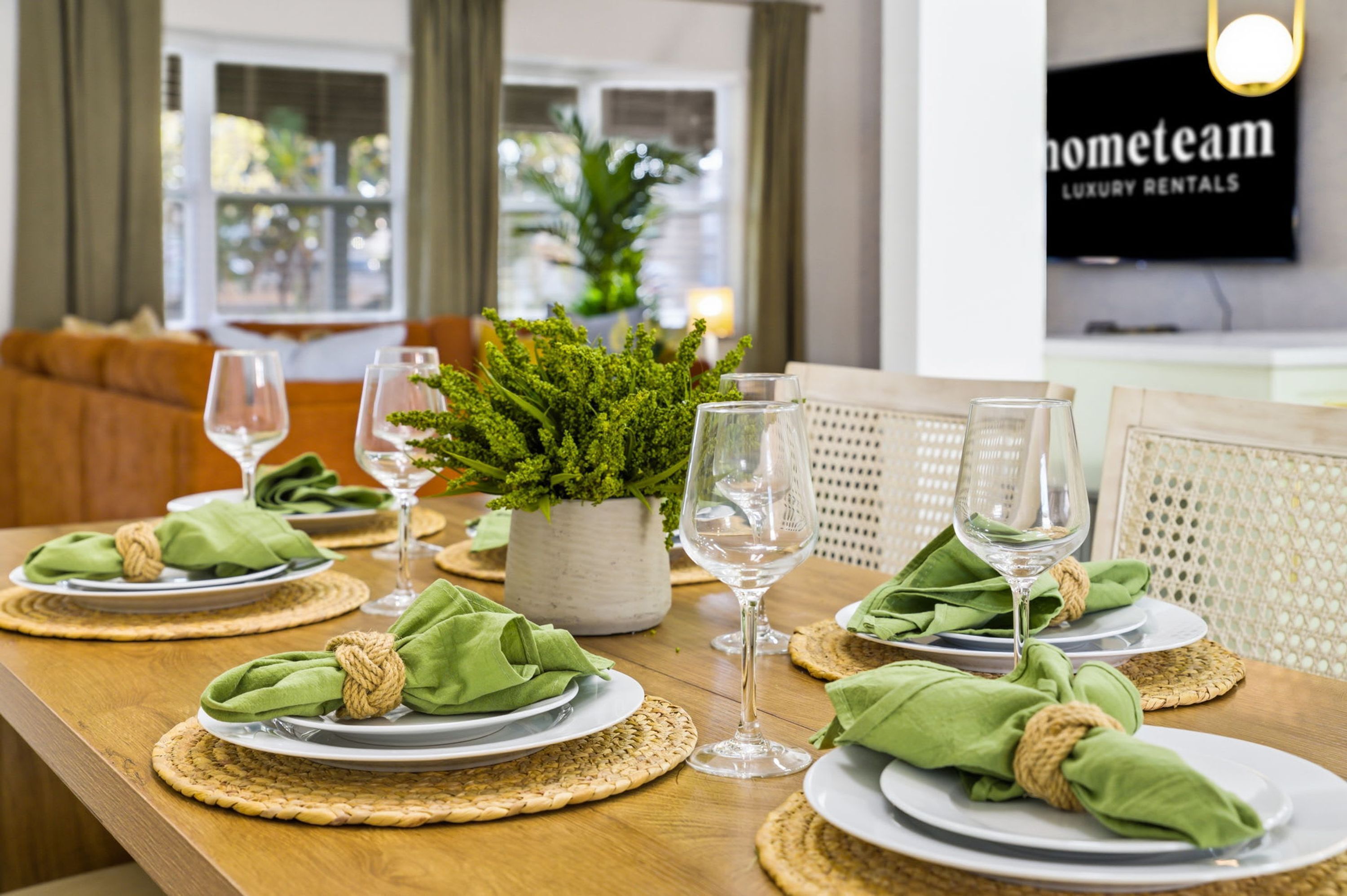 A dining table set with plates, napkins, and wine glasses, with a potted plant and a television in the background.
