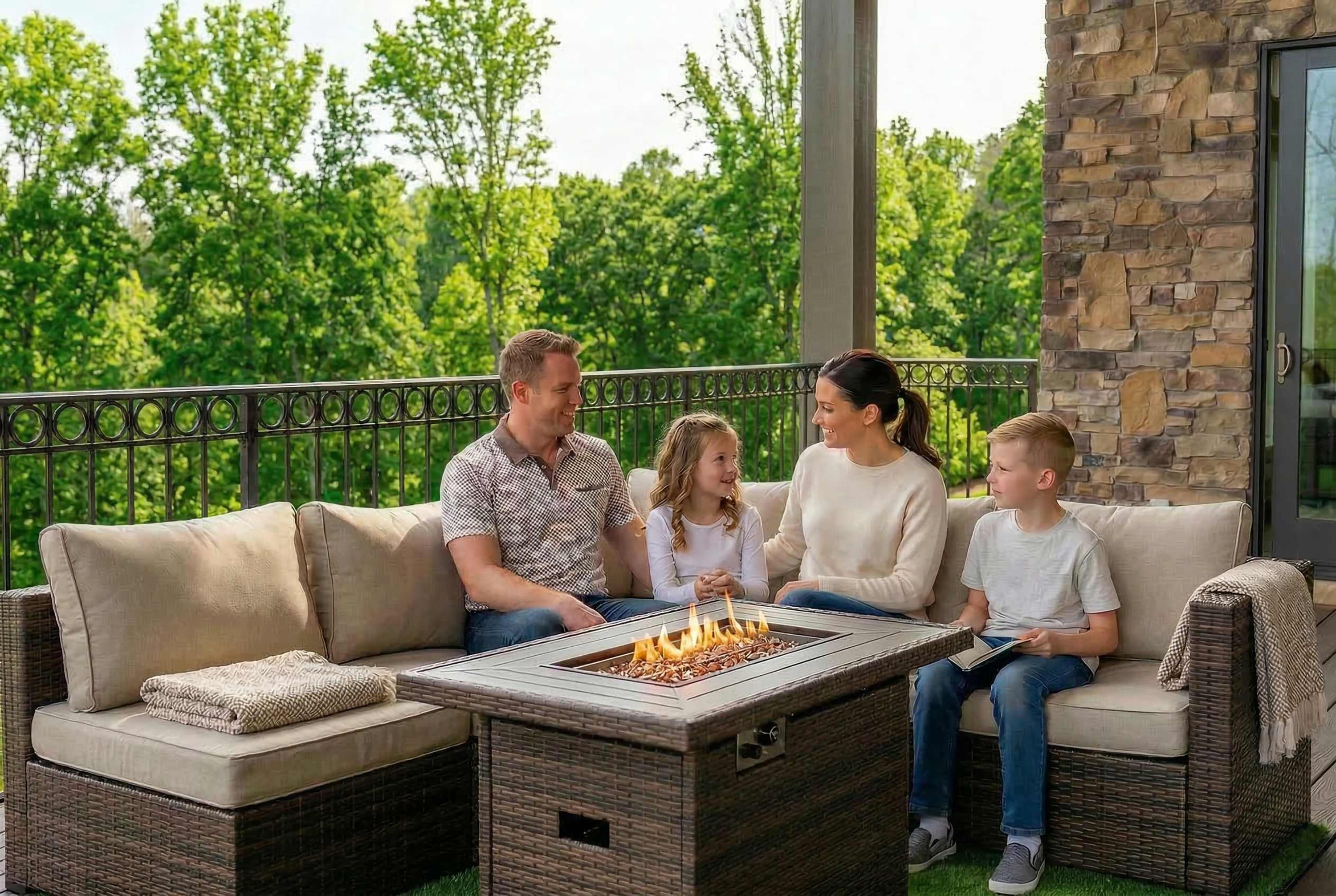 A family of four seated on a beige outdoor sofa with a fire feature in front.