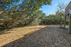 A covered outdoor area with a gravel path surrounded by trees.