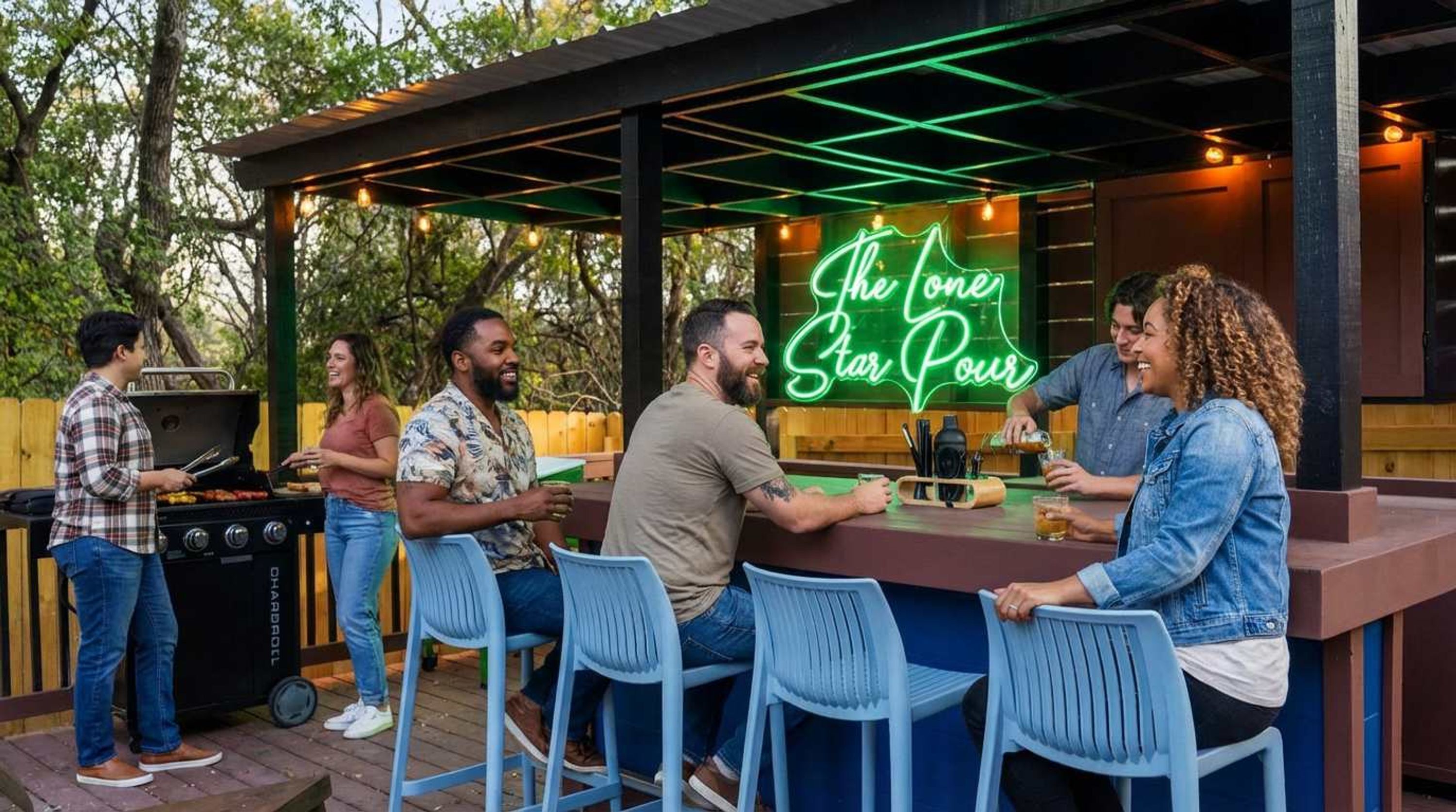 An outdoor bar area with a neon sign, bar stools, and a grill.