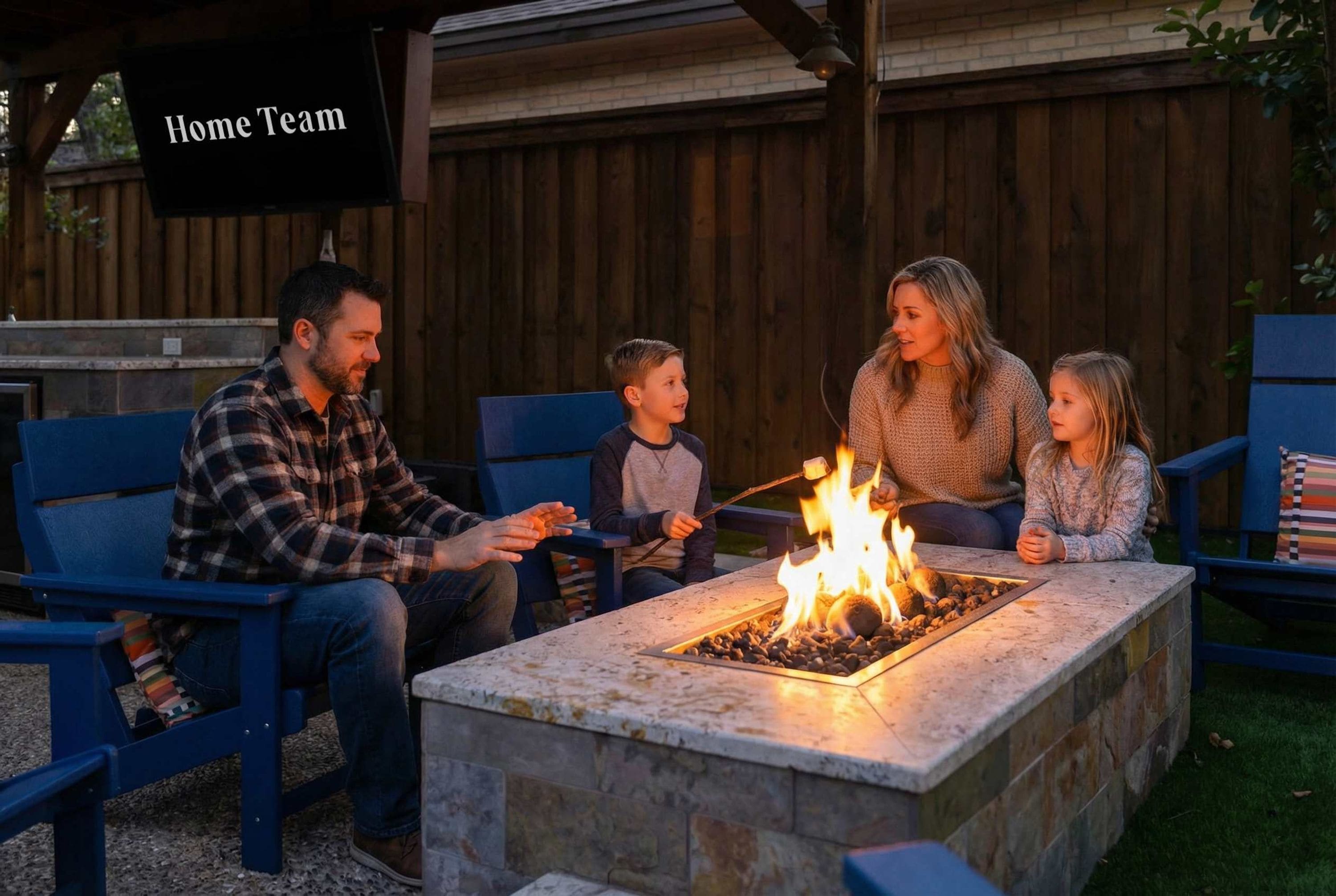Una familia reunida alrededor de un brasero, con un cartel que dice 'Home Team'.
