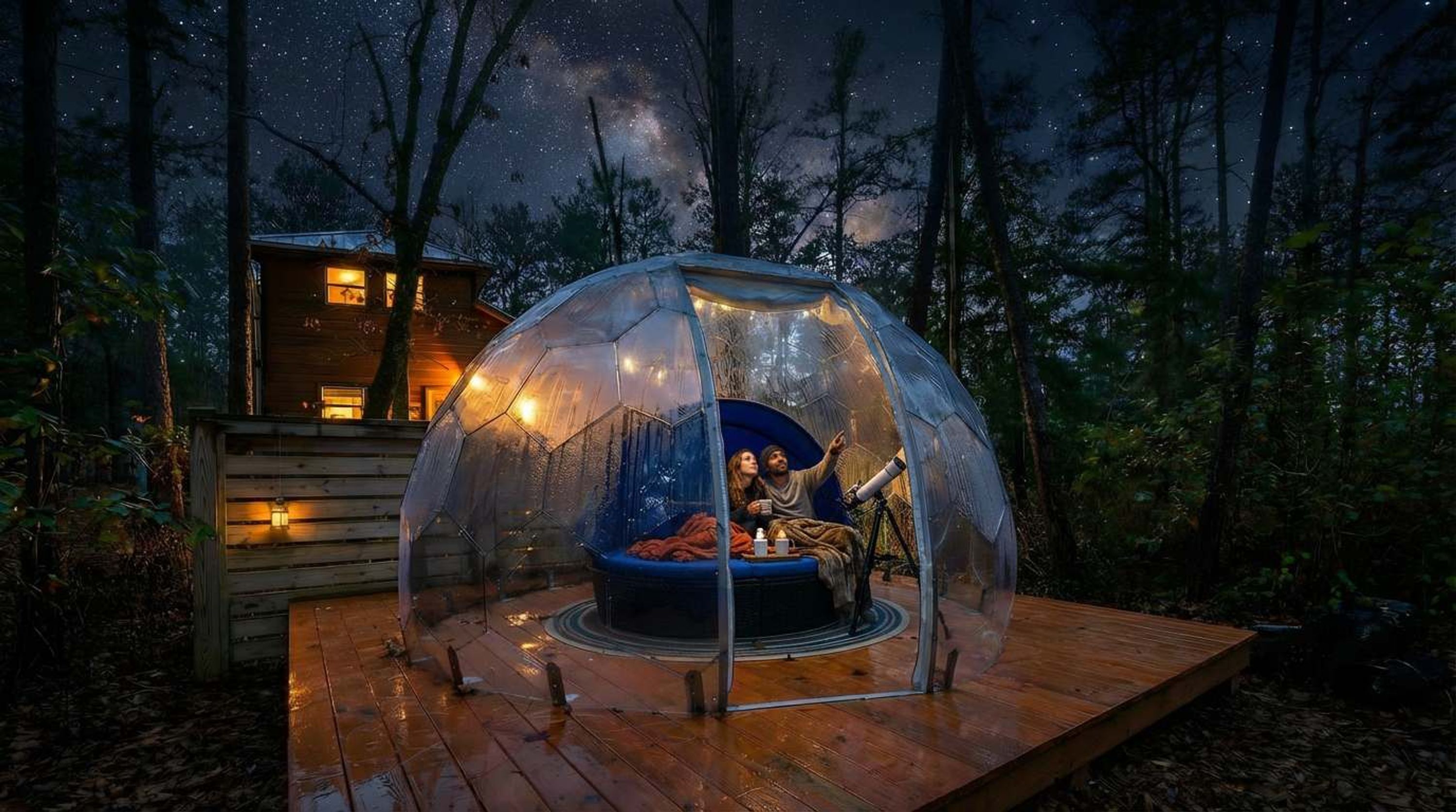 Una tienda en forma de cúpula con techo transparente, un área de estar circular y una terraza de madera.
